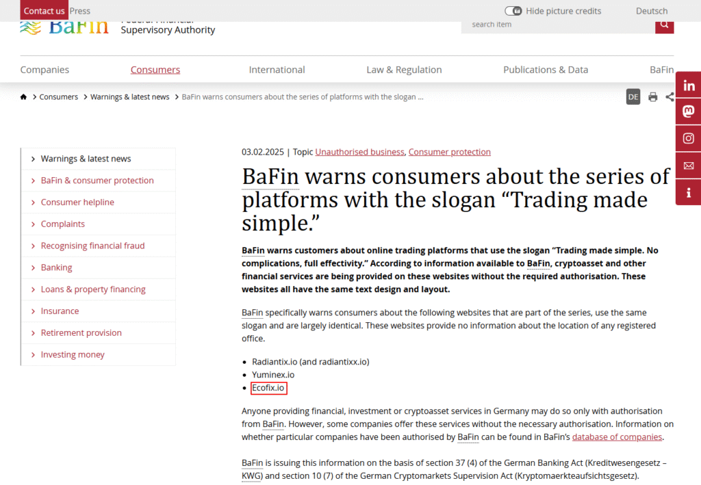 Ecofix BaFin Warning - Legal Certifi