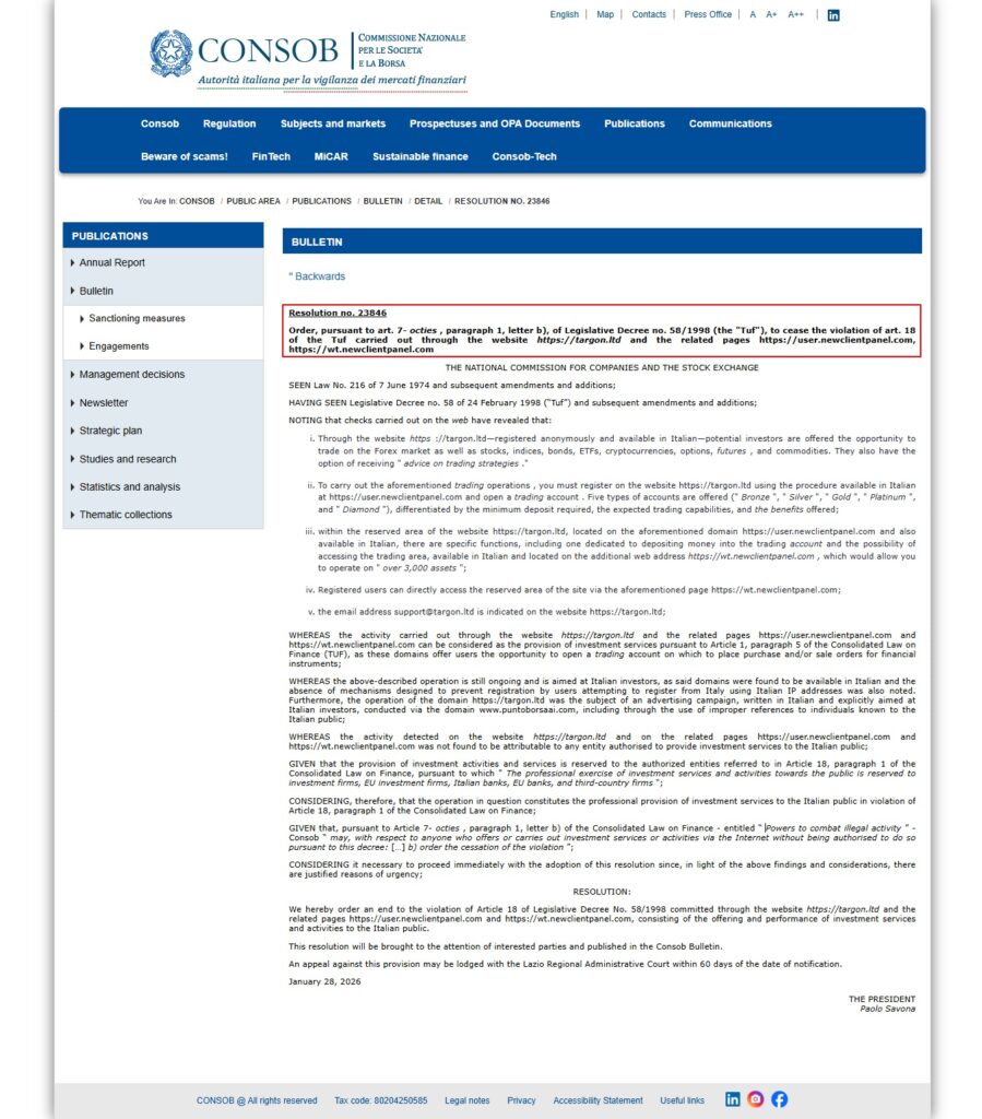 Targon Review – Is It Safe or a Potential Scam? 5 Targon-CONSOB-warning