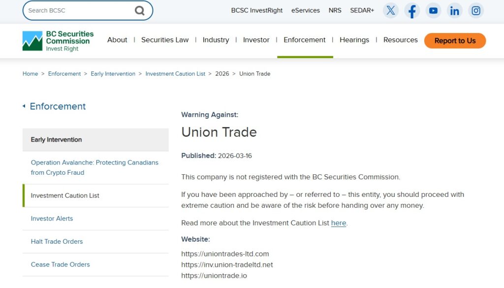 union trade bcsc warning