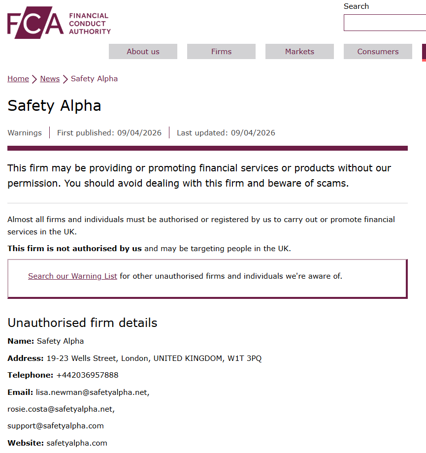 Safety Alpha FCA Warning