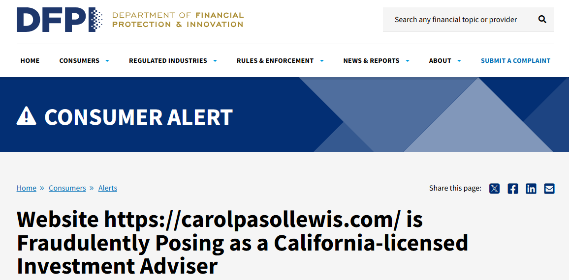Carolpasollewis.com Review: DFPI Exposes Fake Investment Adviser Website Stealing a Real Professional’s Identity 2